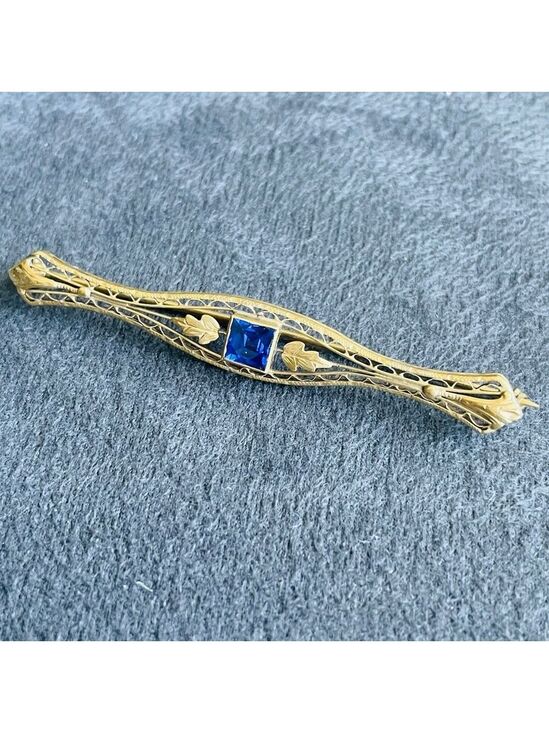 Unbranded Jewelry - Edwardian 14k Signed Solid Gold & Lab Sapphire Vintage Filigree Floral Brooch